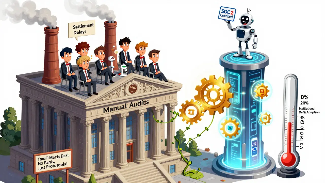 A crumbling traditional bank is overtaken by a sleek DeFi tower with yield pools and accountants learning from a SOC 2-certified robot.