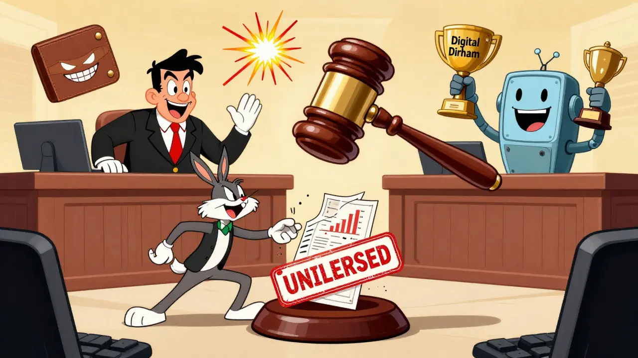 A crypto entrepreneur on trial in a cartoon courtroom with banned items and a Digital Dirham trophy in the background.