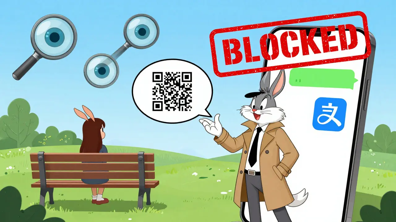 A crypto trader sending a QR code via WeChat chat in a park while invisible government eyes watch, in cartoon style.