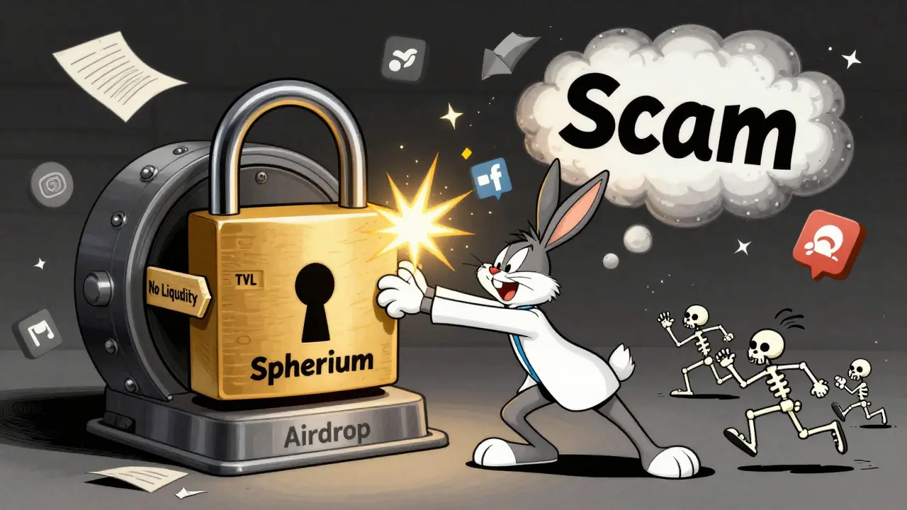 A DeFi vault with '0 TVL' padlock explodes as users flee from a fake airdrop button.