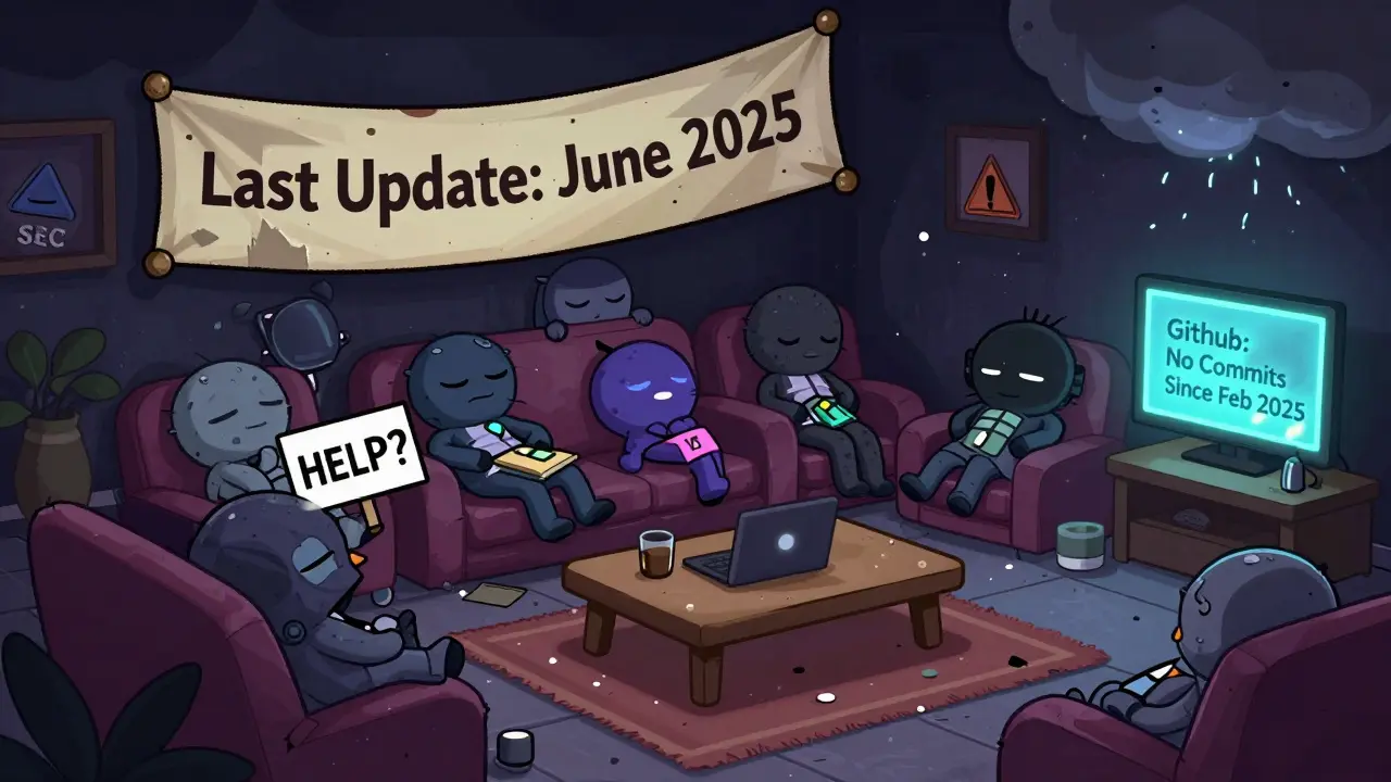 A deserted Discord server lounge with sleeping users and a faded update notice, under a looming SEC warning.