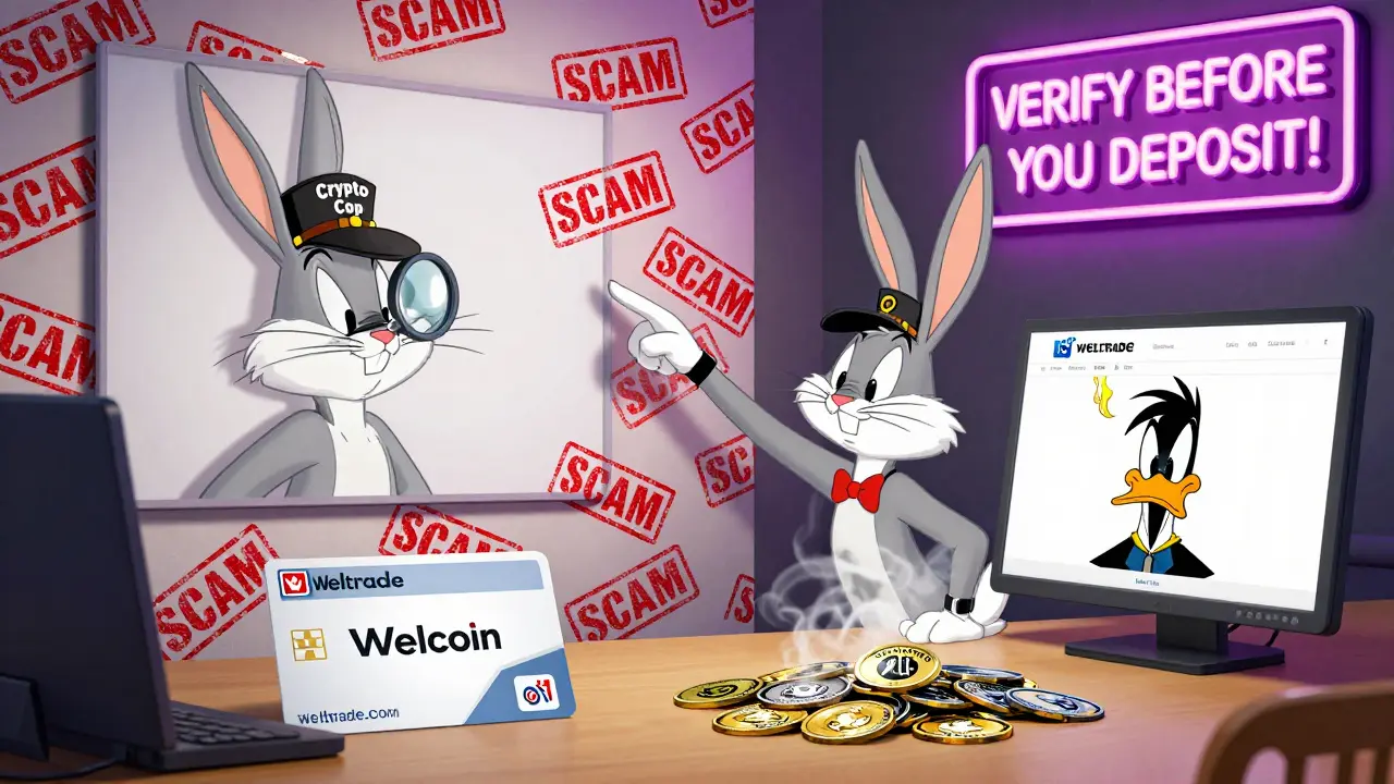A detective rabbit exposes a wall of scam stamps next to a melting fake website in classic cartoon style.