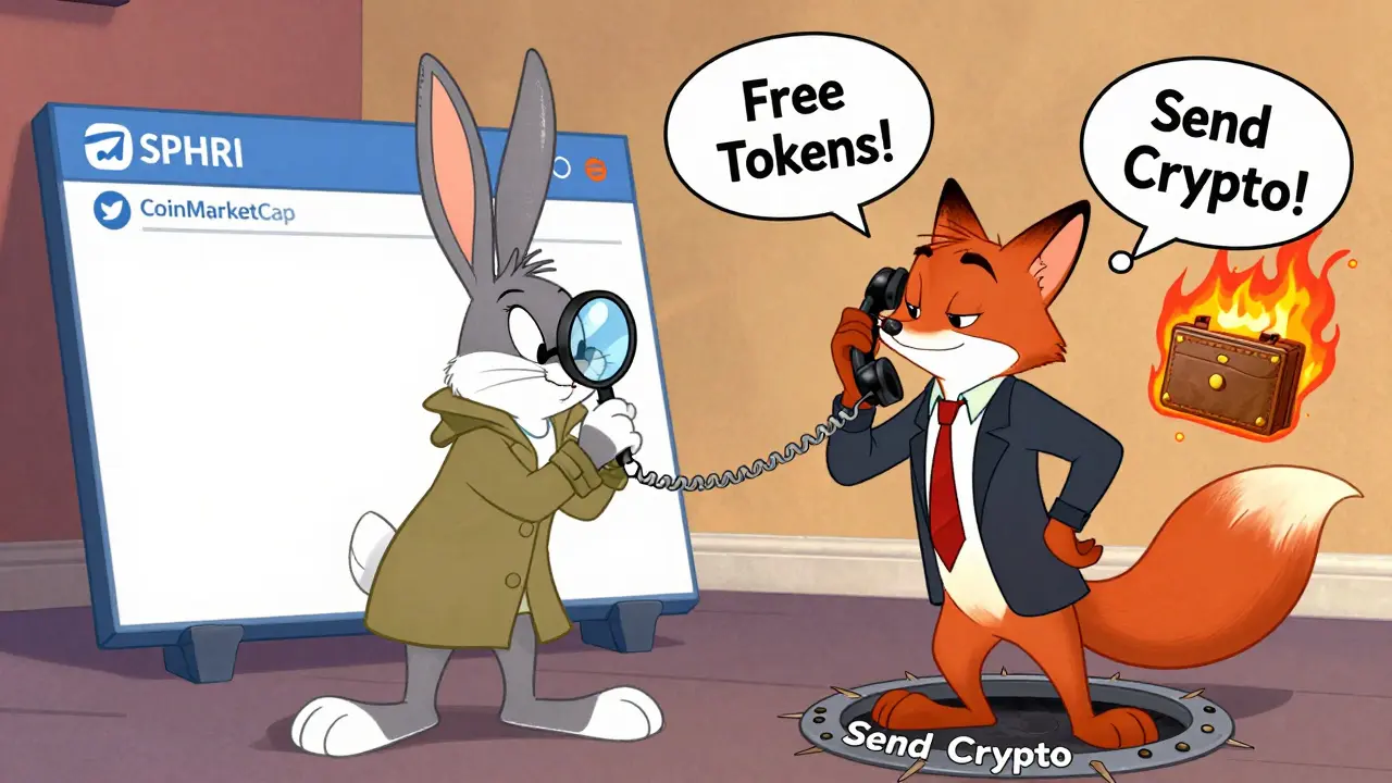 A detective rabbit investigates a blank SPHRI page while a fox tricks someone into sending crypto.