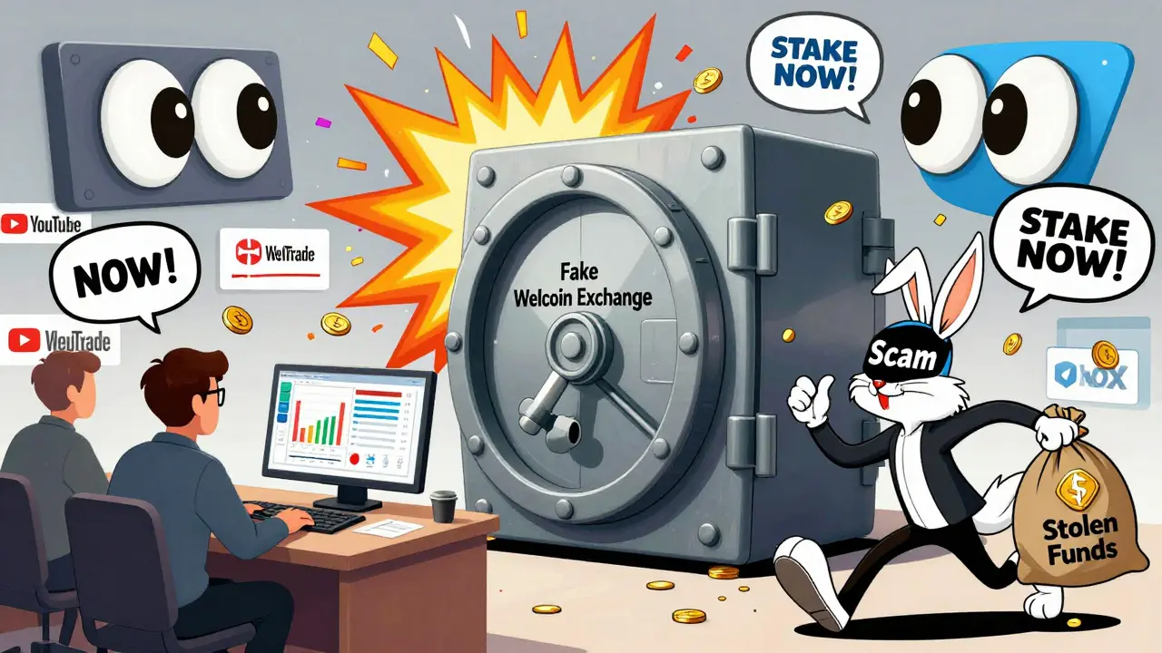 A exploding fake vault with scammer running away as real traders earn points, in vibrant cartoon style.
