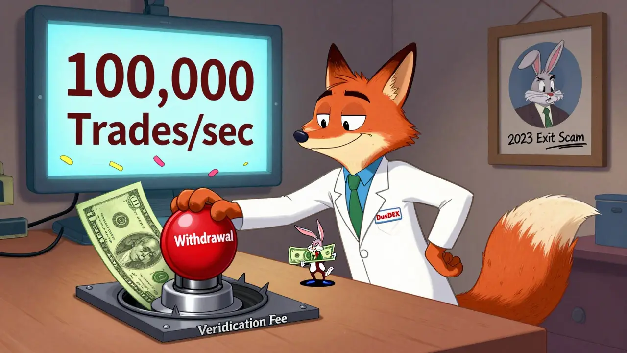 A fox blocks a rabbit&#039;s withdrawal with a trapdoor labeled &#039;Verification Fee&#039;, Looney Tunes style