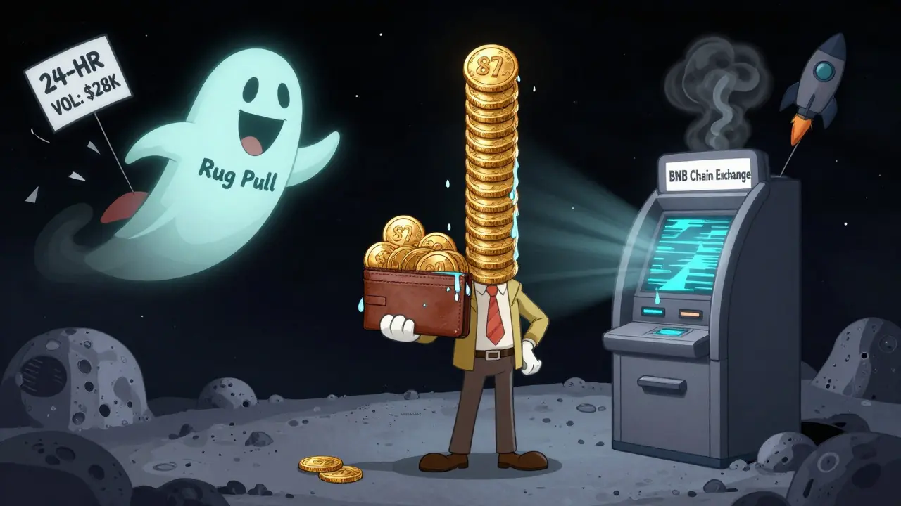 A frantic trader overwhelmed by giant 2MOON coins at a broken exchange, with a ghostly rug pull figure floating away.