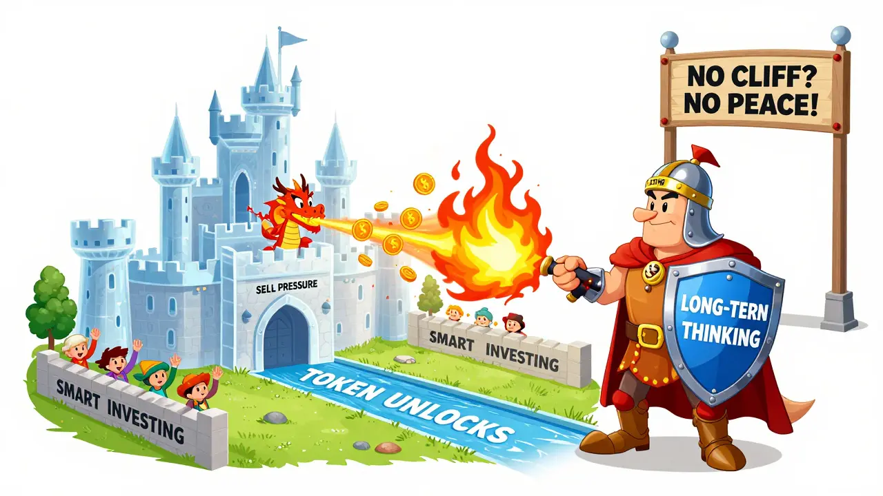 A knight defends a blockchain castle from a dragon of sell pressure, while investors watch safely behind a wall.