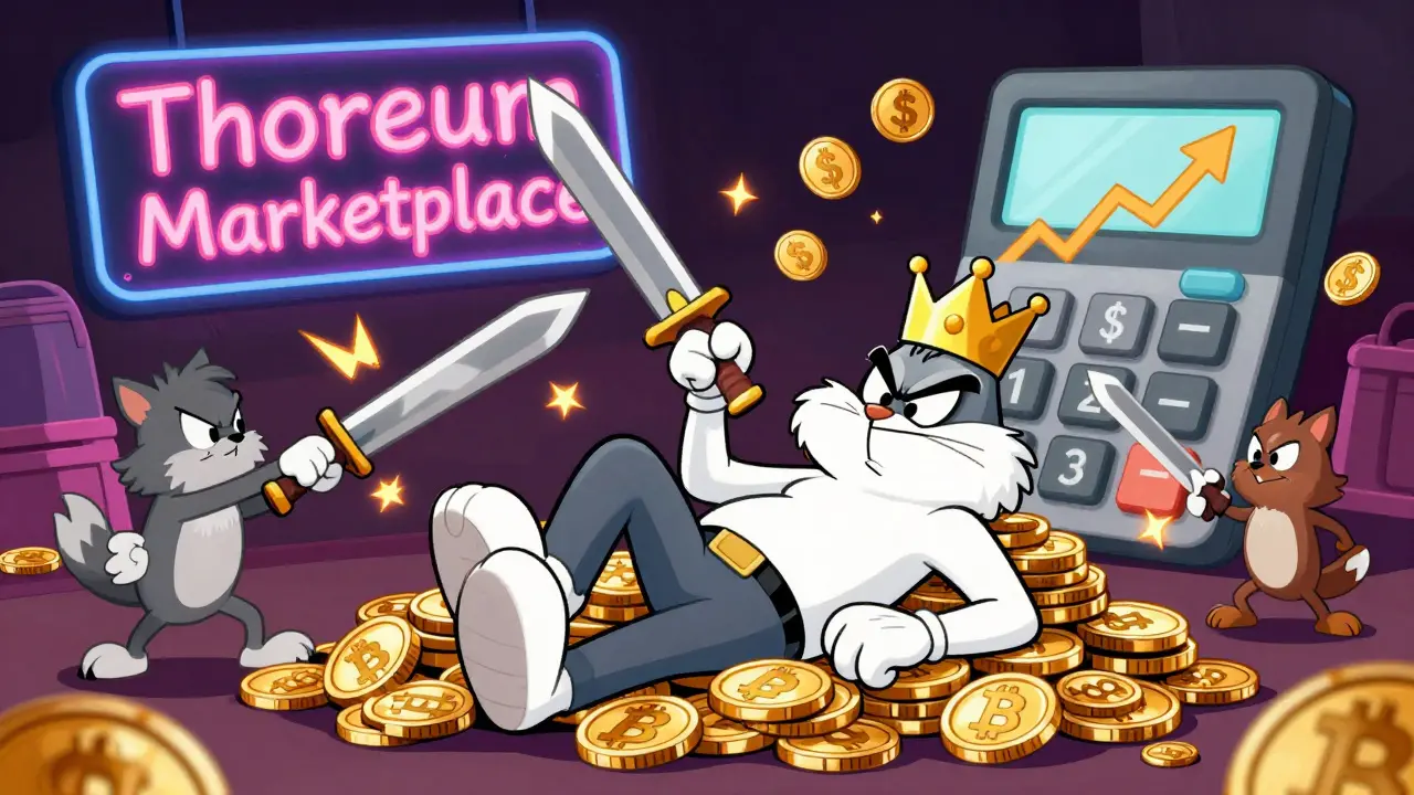 A lazy NFT lounging on BNB coins while other NFTs battle wildly in a neon marketplace.