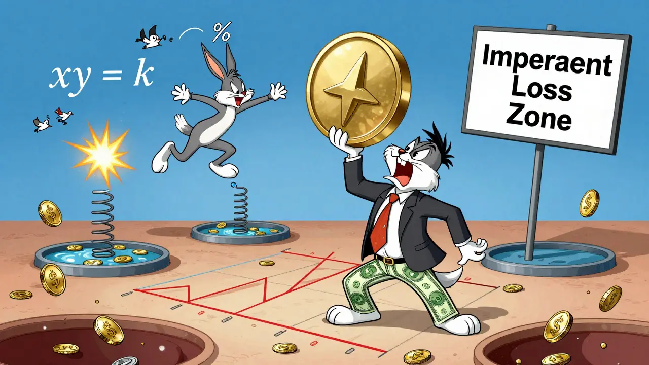 A nervous investor buying a growing ETH token on a hyperbolic trading floor with signs of impermanent loss.