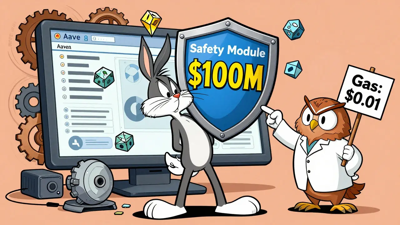 A nervous user faces a chaotic Aave dashboard while an owl guides them to low-cost Polygon chain.