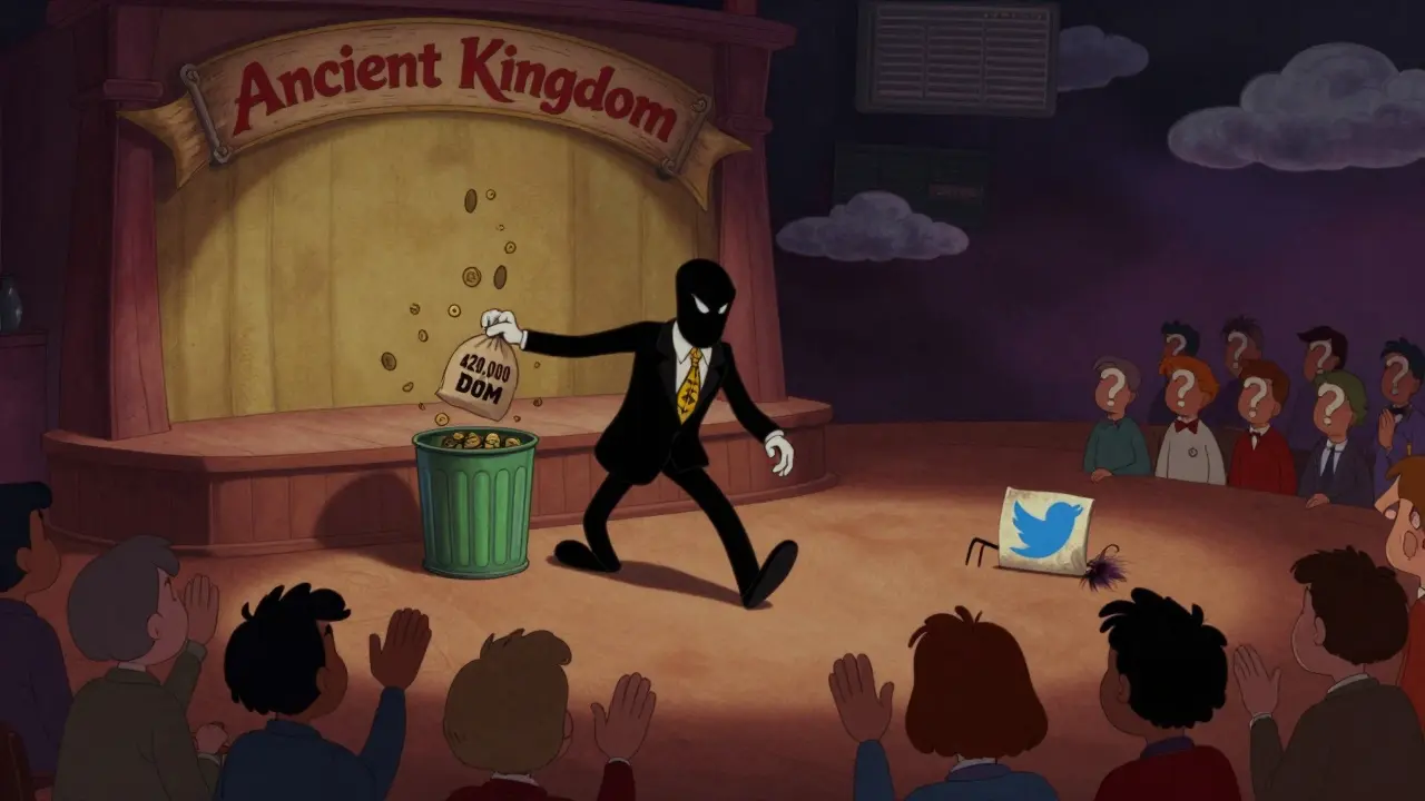 A shady figure sneaking away from a deserted project stage as followers wave goodbye