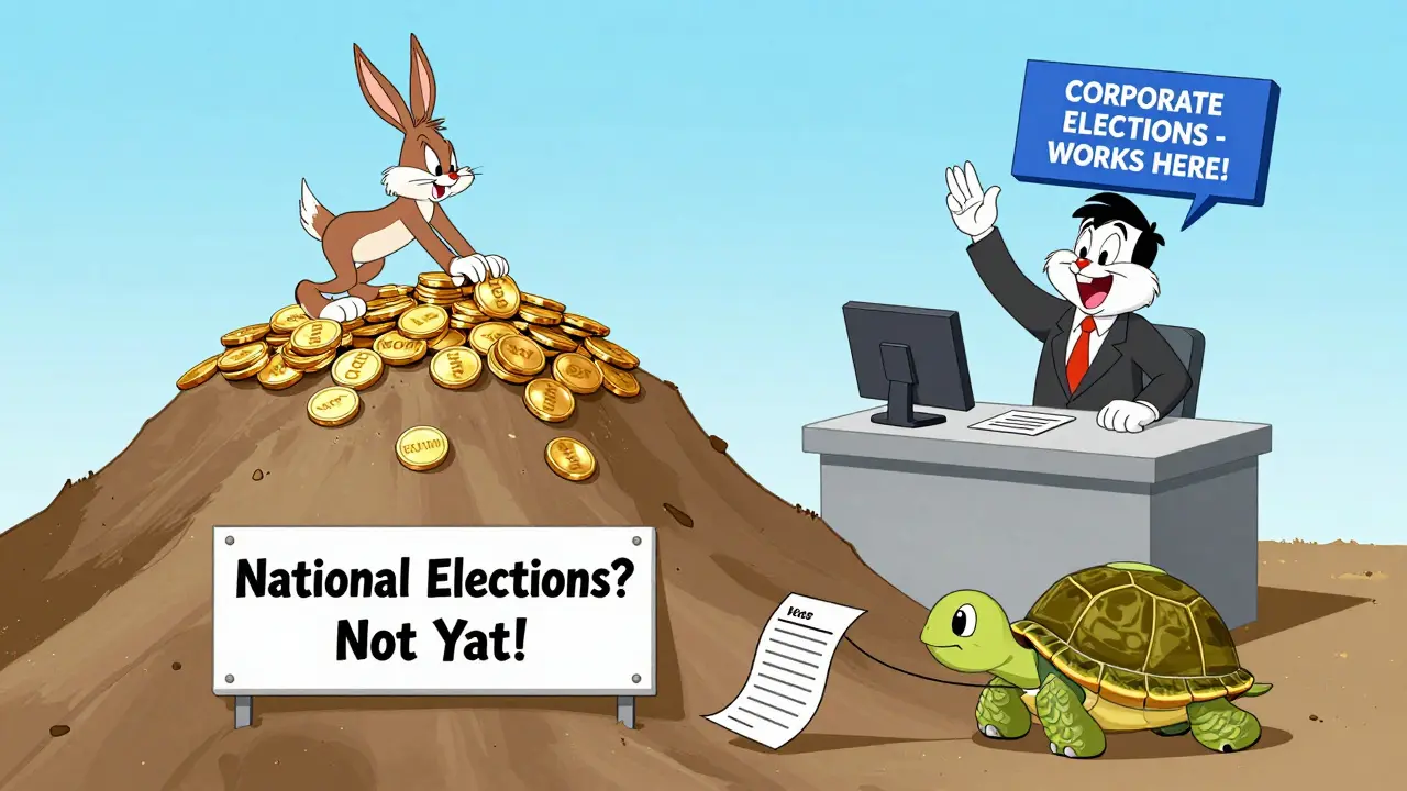 A tiny worker pushes a mountain of money up a hill as a shareholder happily votes on a small blockchain system.