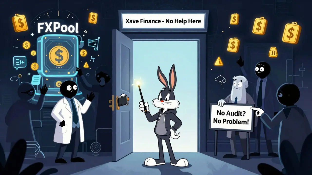 A trader faces a mysterious Xave Finance door with anonymous scientists behind it.