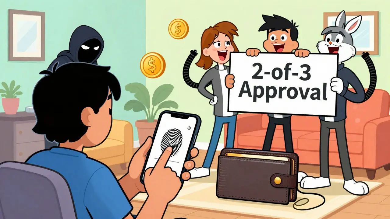 A user signing with a fingerprint while three guardians block a hacker trying to steal a wallet.