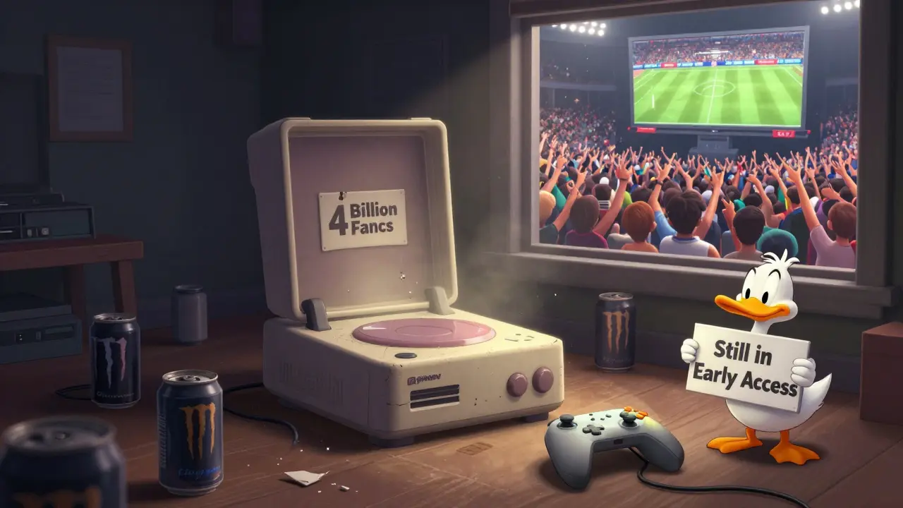 An abandoned NFT box in a dark room as real football fans cheer outside, symbolizing lost hype.