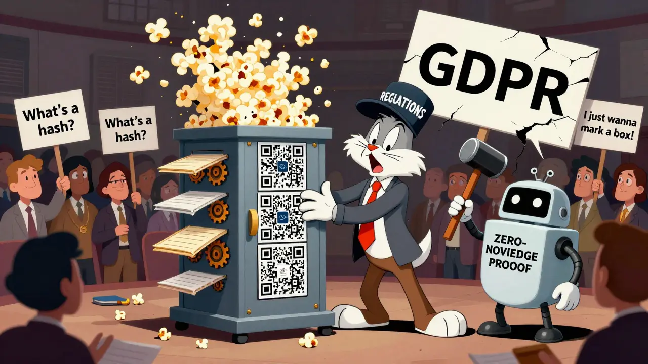 An overwhelmed election official struggles to control a chaotic blockchain machine while confused voters look on.