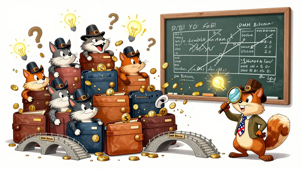 Animal wallets sending coins across bridges to Huione Guarantee, tracked by a detective squirrel on a chalkboard.