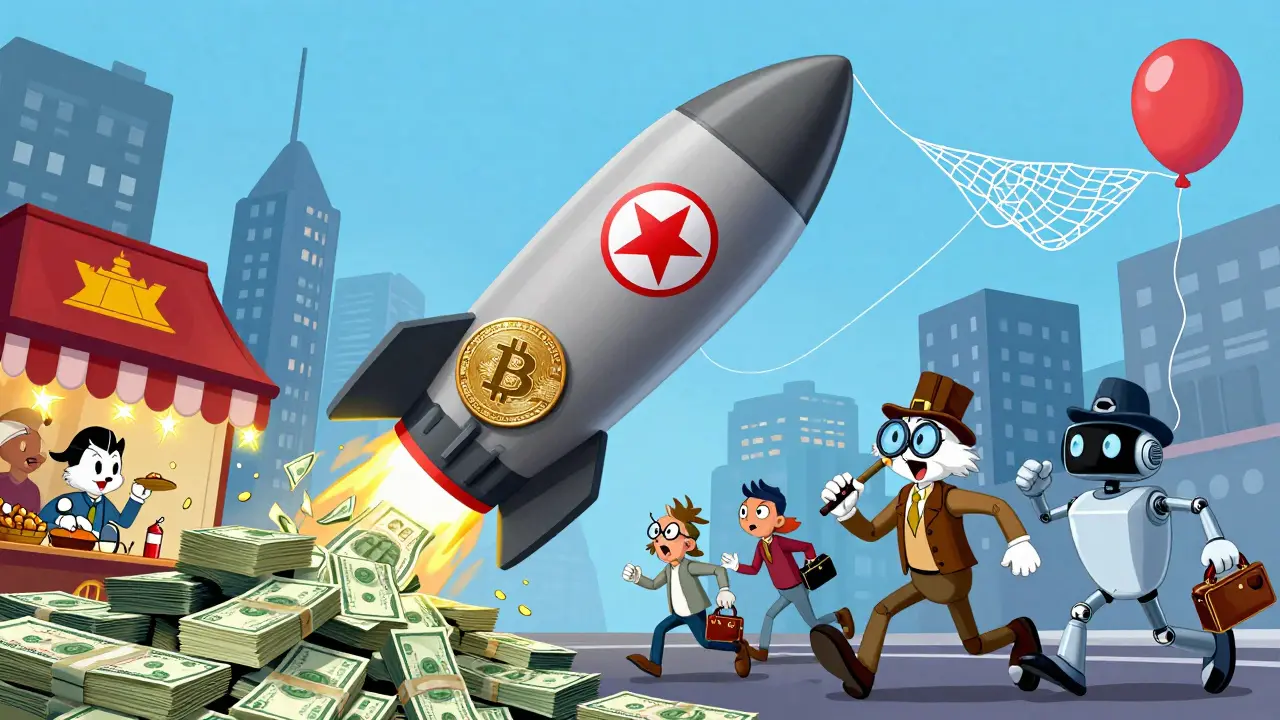 Bitcoin-shaped missile fueled by cash from Huione Guarantee, chased by detective robots in Looney Tunes cartoon style.