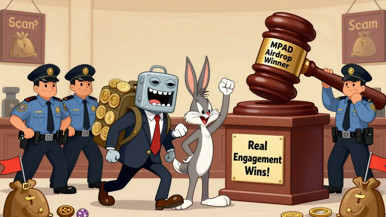 Bot being arrested in courtroom while a real crypto user stands victorious with staked tokens and blockchain flags.