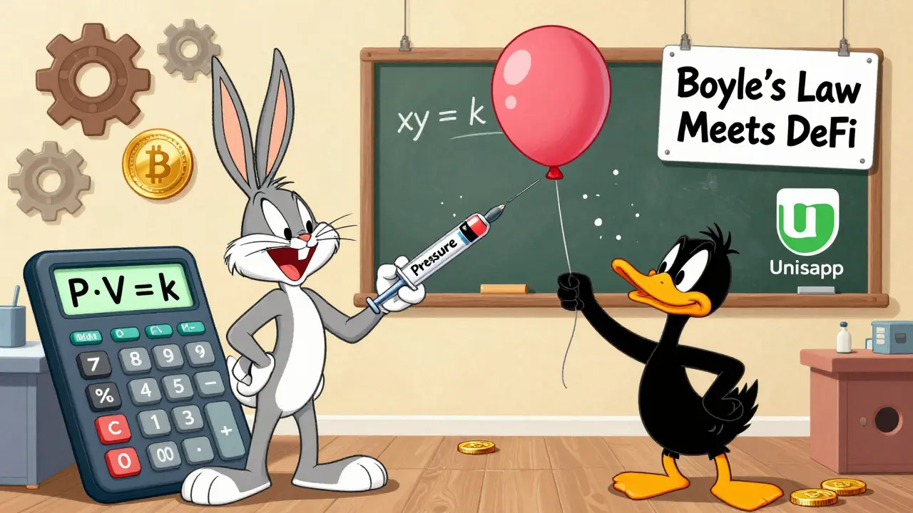 Bugs Bunny and Daffy Duck in a physics lab demonstrating P·V = k with a shrinking balloon and growing pressure.