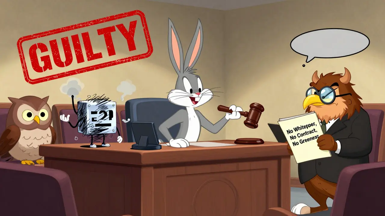 Bugs Bunny as judge ruling against a glitching E2P Token in courtroom