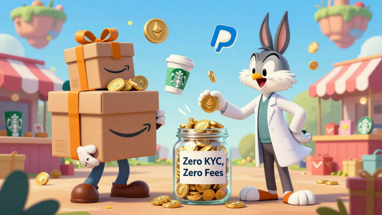 Cartoon marketplace exchanging SWASH tokens for gift cards, guided by a friendly owl.