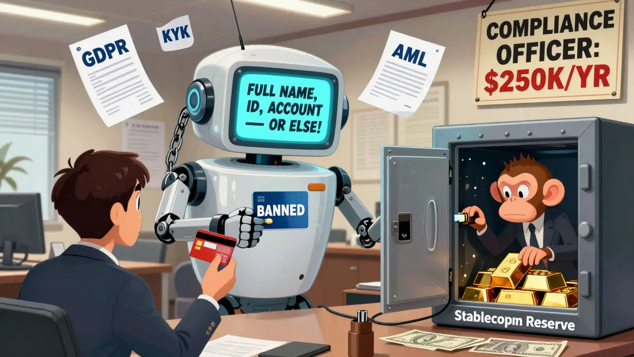 Cartoon Travel Rule robot forcing crypto user to provide ID while credit card is banned.