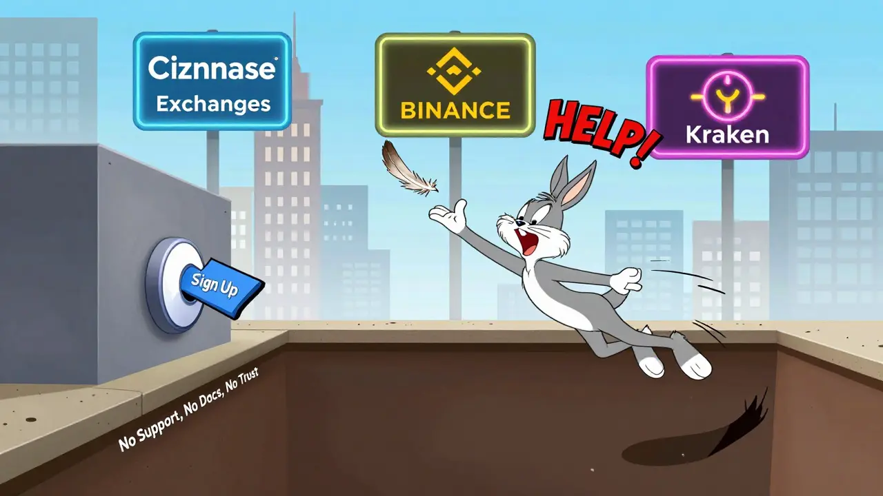 Cartoon user falling through a 'Sign Up' trapdoor into a pit labeled 'No Support', while reputable exchanges glow above.