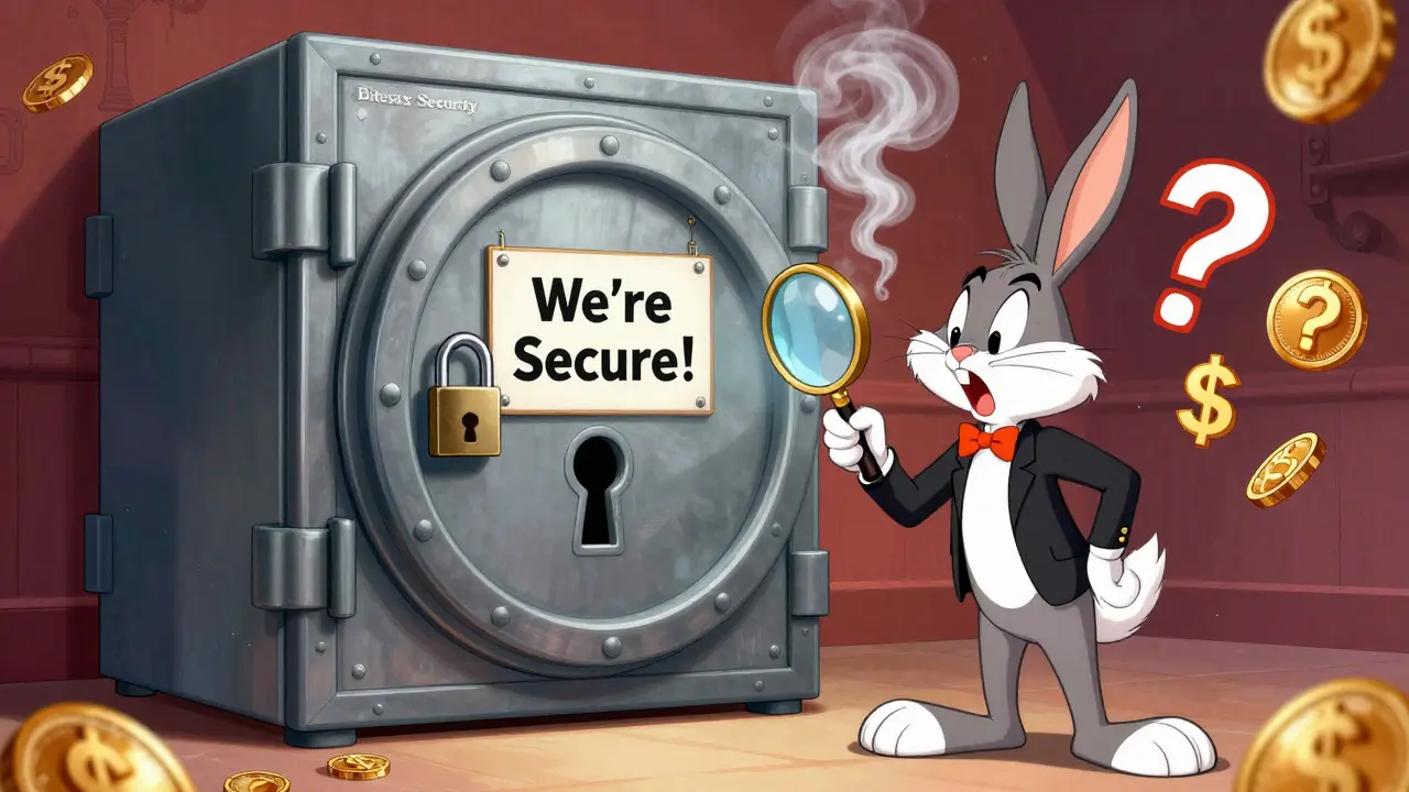 Cartoon vault with smoke padlock and 'We're Secure!' sign, surrounded by vanishing coins and question marks.