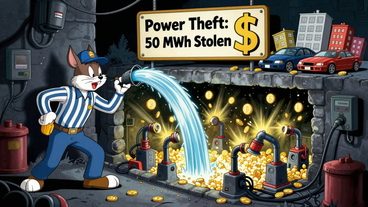 Corrupt worker stealing power to hidden mining rigs, with stolen cars and apartments piled up.