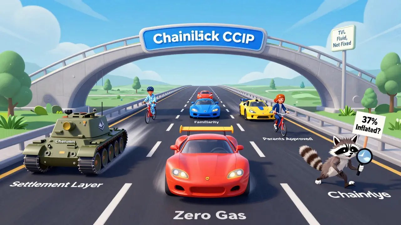 Cross-chain highway with Layer-2 cars speeding ahead, Ethereum as a slow tank, Chainlink bridge above.