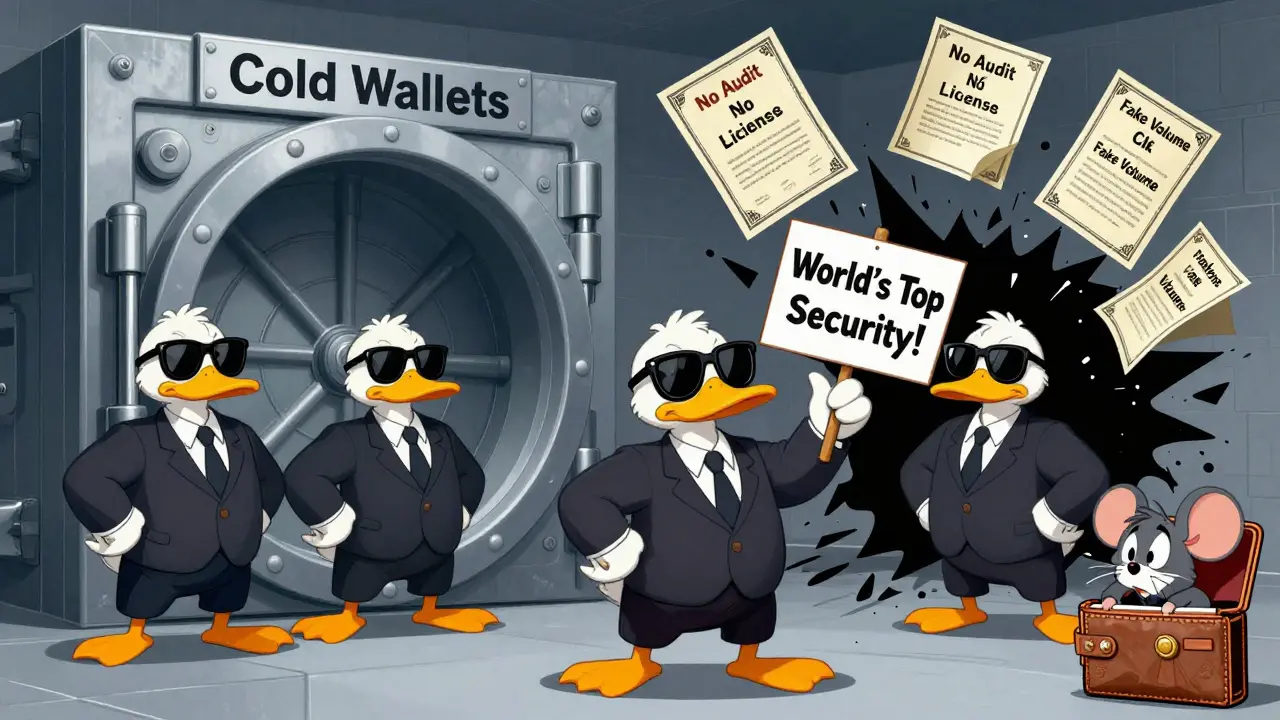 Duck security team guarding an empty vault with fake certificates tumbling into a black hole.