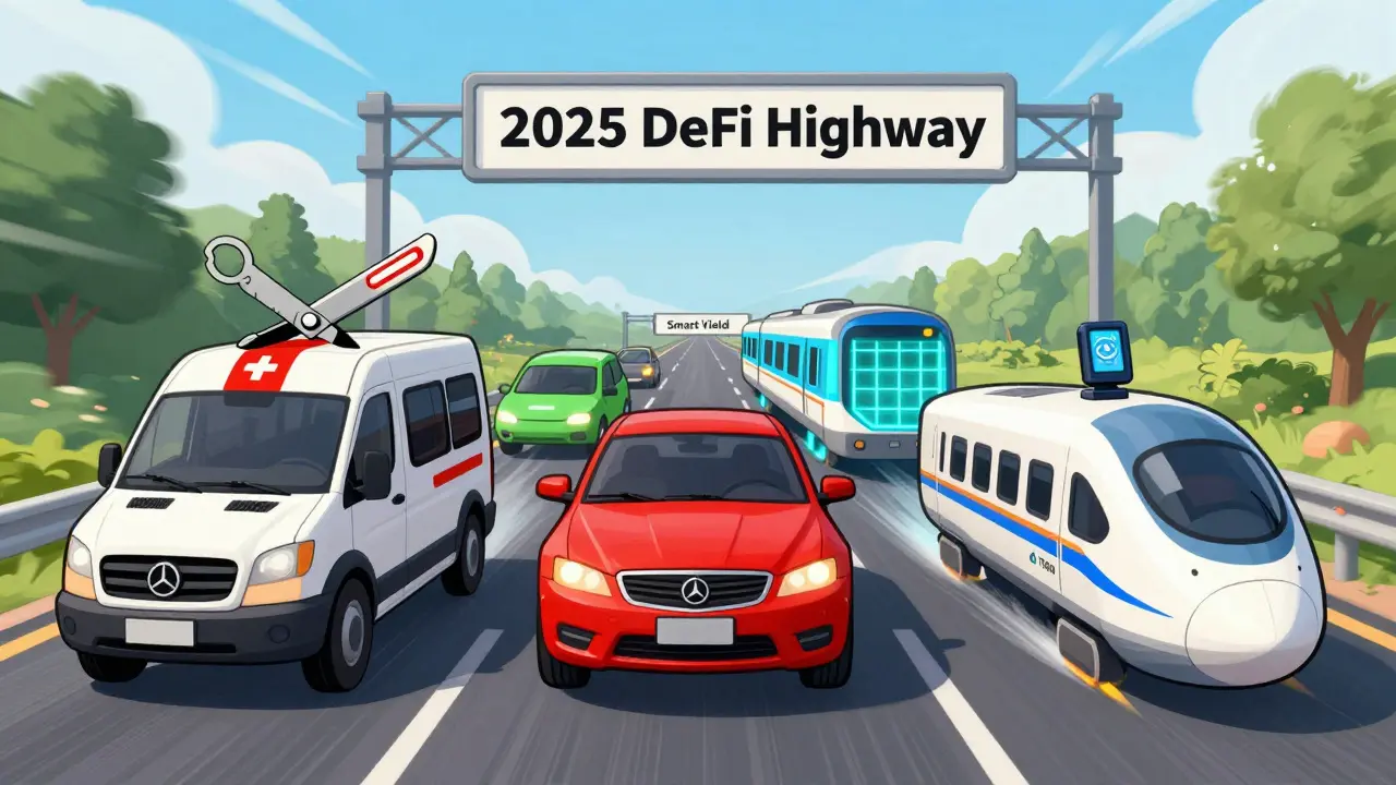 Four cartoon vehicles representing DeFi platforms racing toward smart yield on a highway, with Morpho as a GPS.
