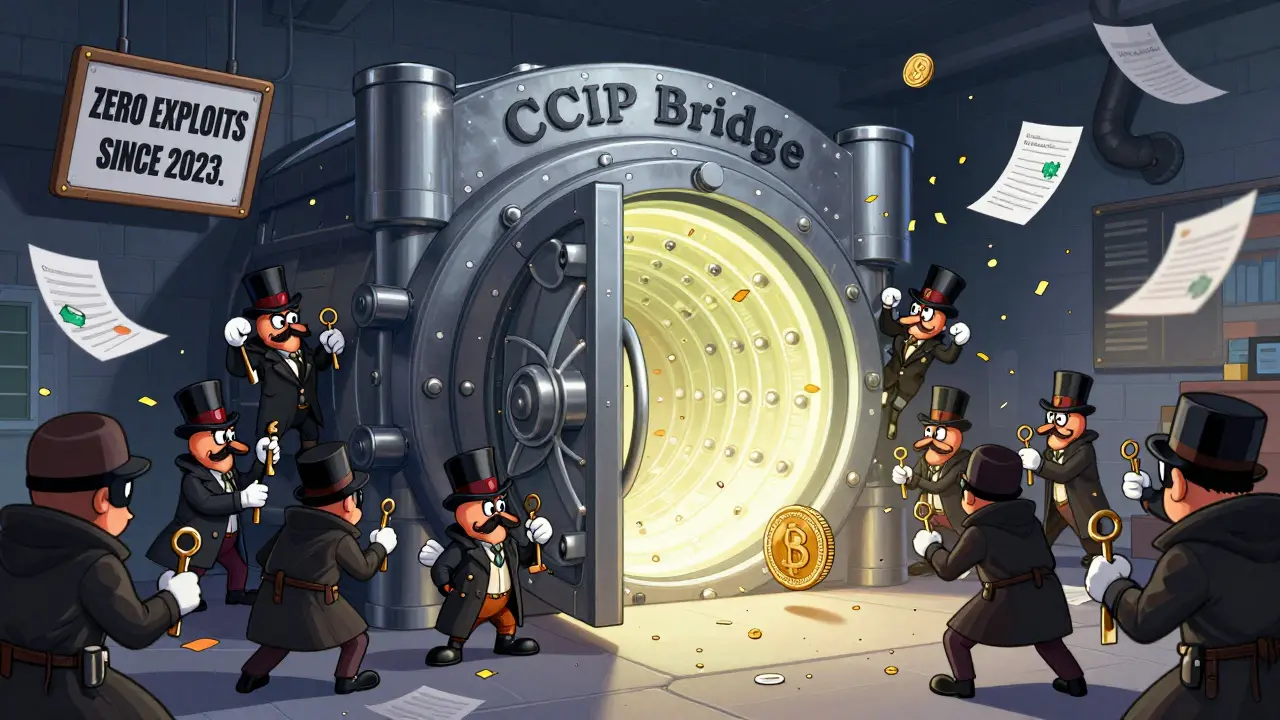 Looney Tunes-style illustration of 100 oracles guarding a secure vault labeled 'CCIP Bridge' with hackers being hit by audit reports.