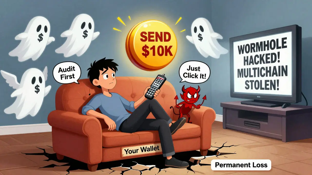 Looney Tunes-style scene of a user tempted by a giant 'SEND K' button, haunted by ghostly victims, with angel and devil advisors arguing.