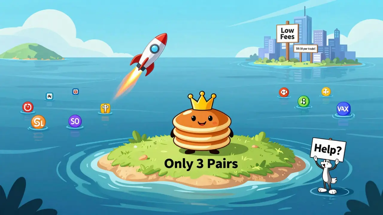 PancakeSwap V3 logo alone on island with only three trading pairs, other tokens far away in ocean.