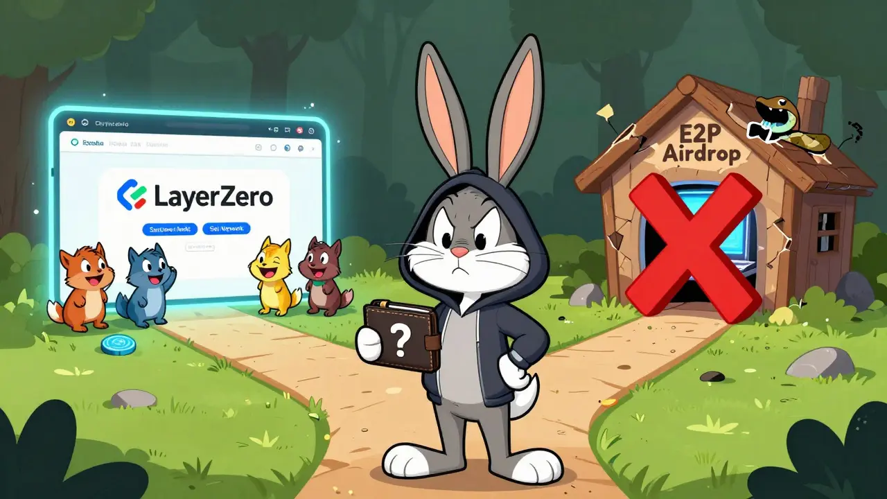 Rabbit choosing between real crypto airdrops and a crumbling scam shack