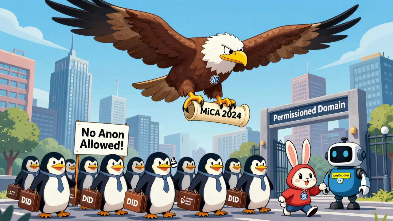 Regulatory eagle blocks a sneaky crypto rabbit as institutional penguins march into a gated DeFi portal with compliance badges.