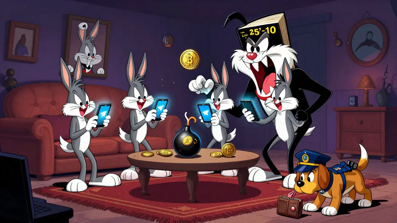 Secret crypto traders in a dim room, with a menacing law book and a ticking Tether bomb overhead.