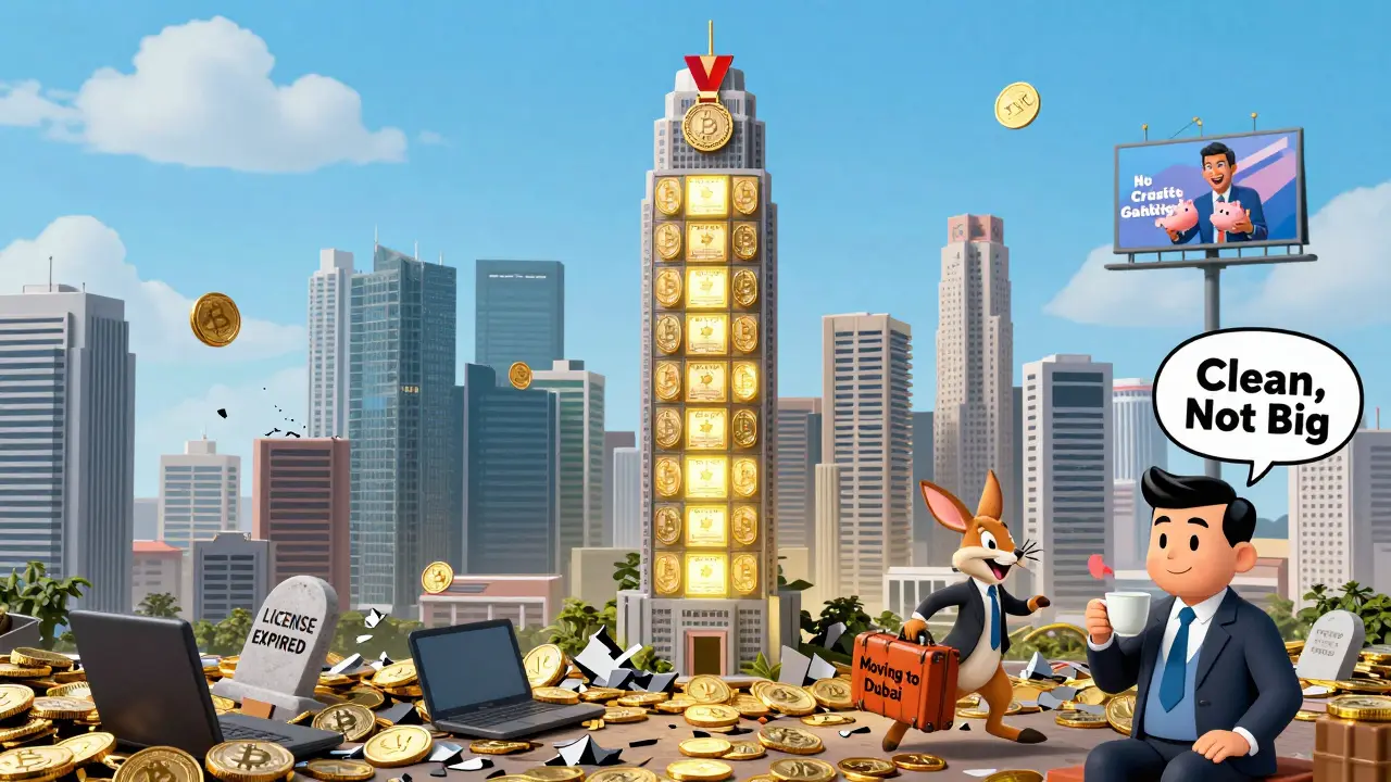 Singapore skyline with only 18 glowing licenses left as other crypto buildings crumble.