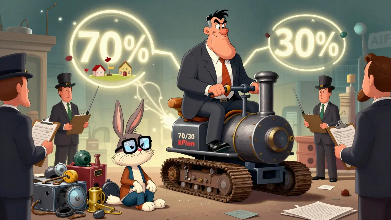 Small miner sells equipment while big investor controls power under 70/30 plan in cartoon style.