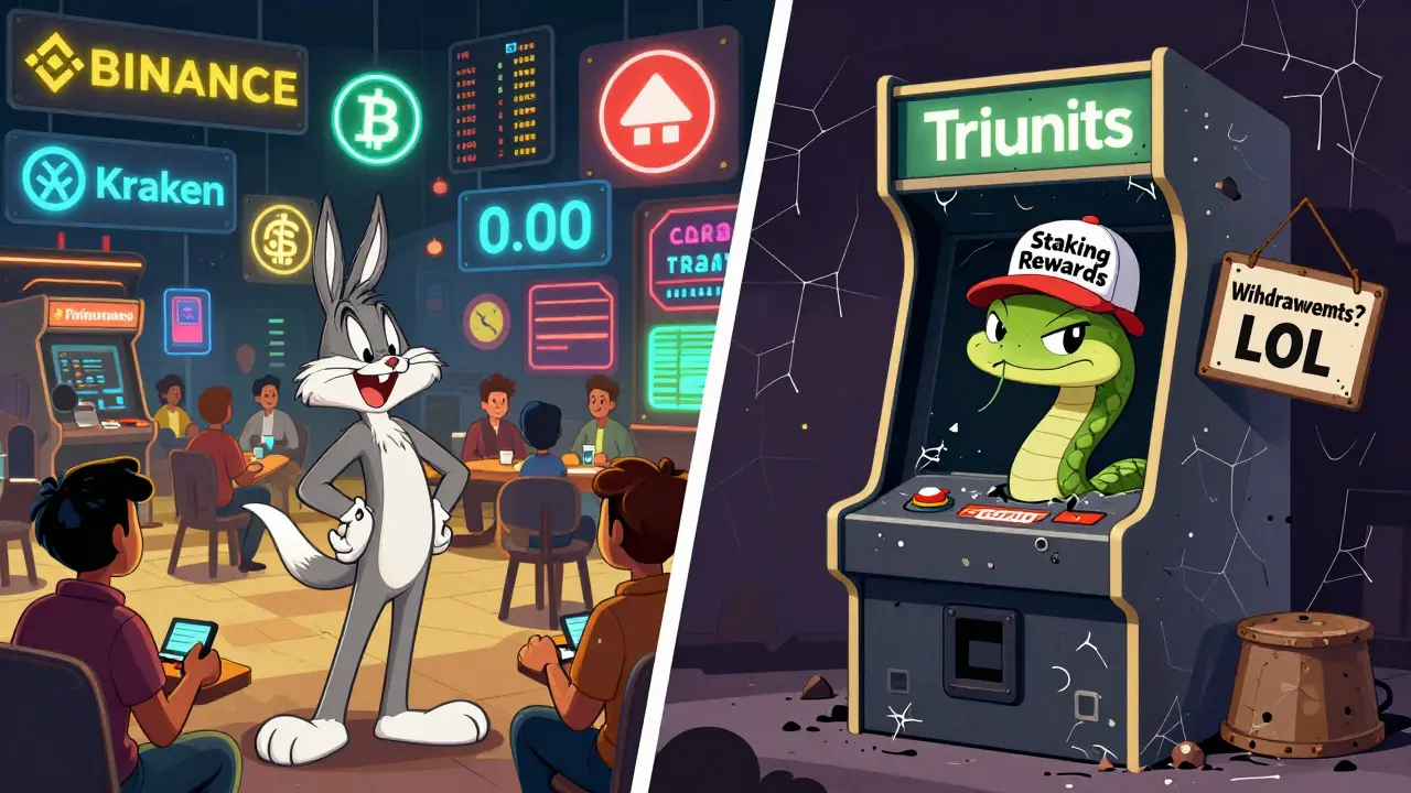 Split scene: active legitimate exchanges vs. dusty, broken Triunits machine with a winking snake.