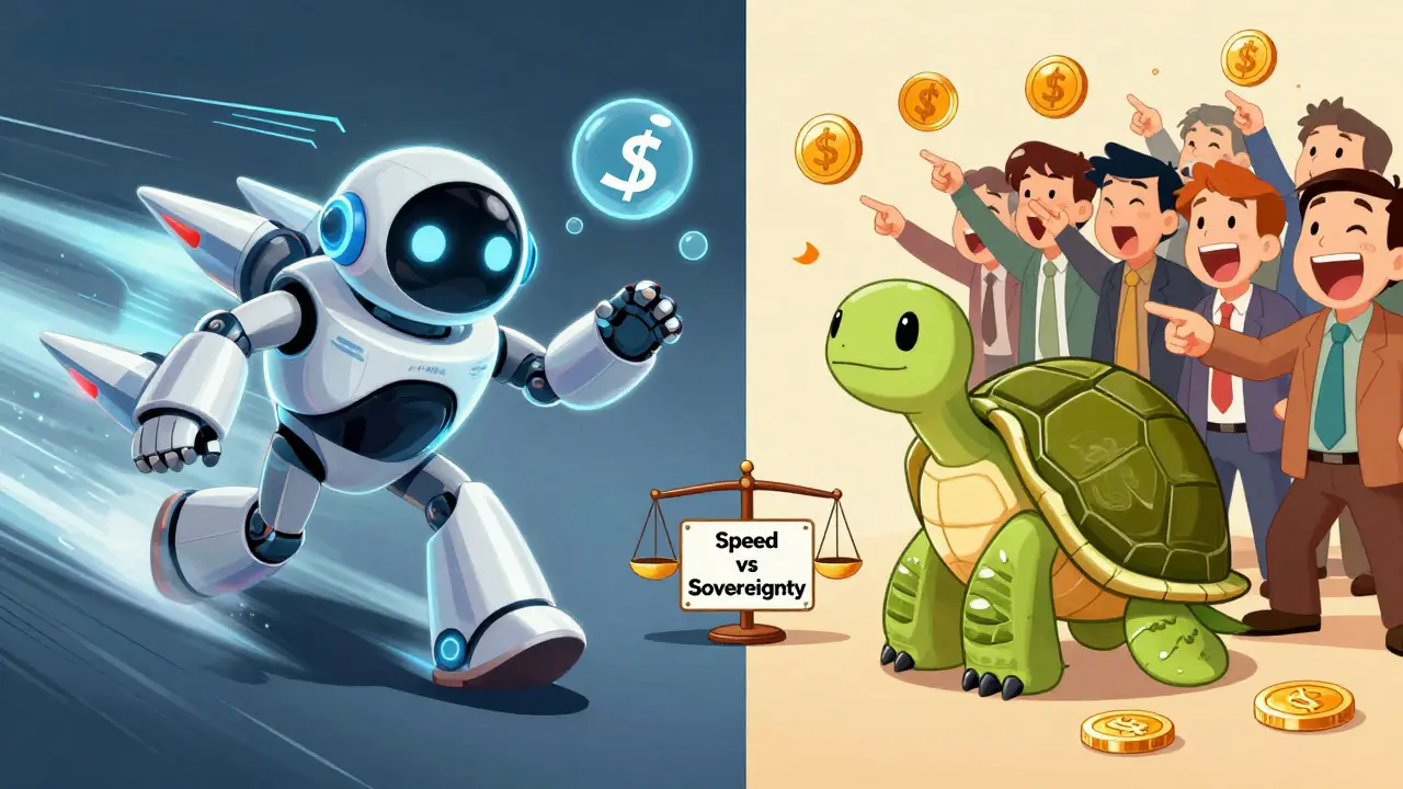 Split-screen: a speedy Hyperliquid robot vs a calm Perpetual Protocol turtle with vAMM shell, symbolizing speed vs sovereignty.