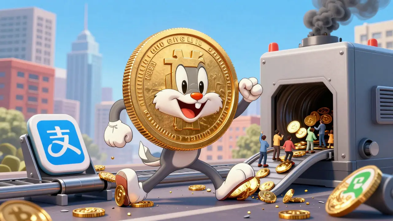 The e-CNY coin crushing crypto coins while Alipay and WeChat Pay feed users into a government machine, in Looney Tunes style.
