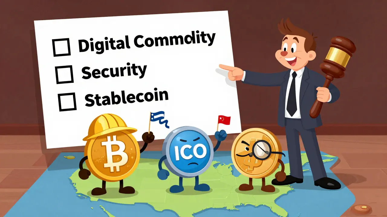 Three cartoon crypto assets labeled by legal type, with a lawyer pointing to U.S. state laws popping up around them.