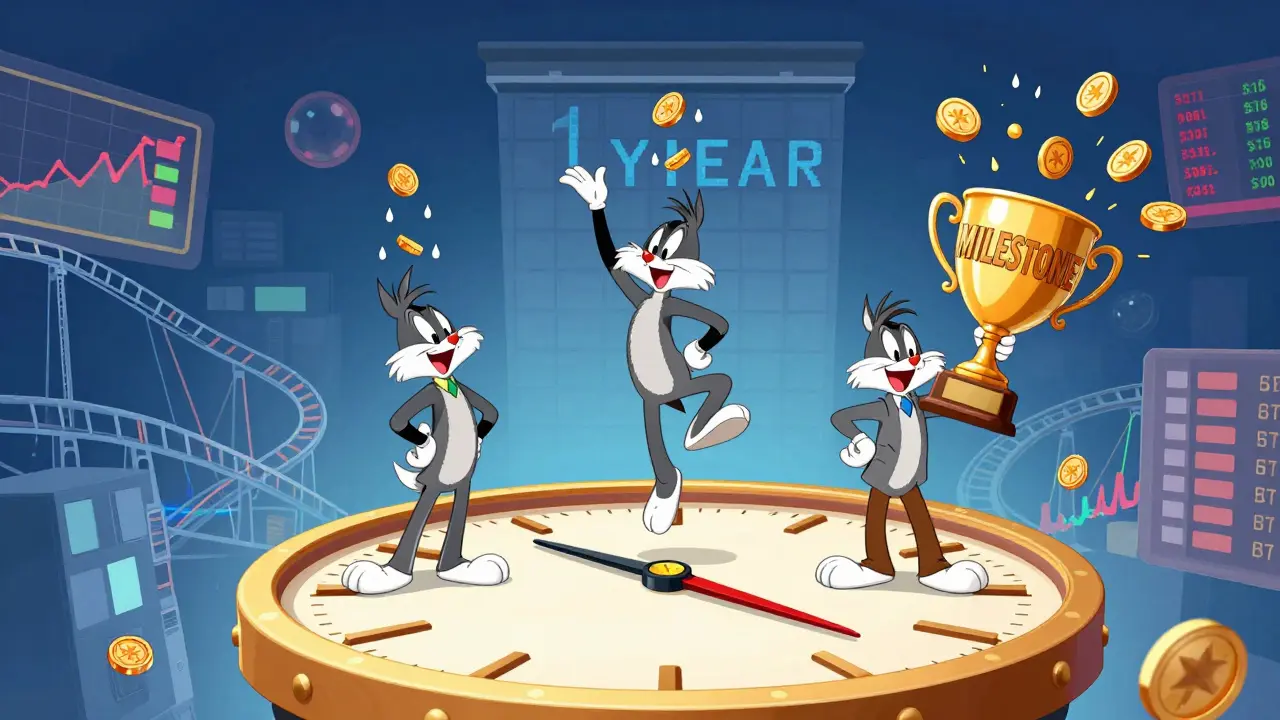 Three characters on a giant clock face with tokens raining down based on vesting cliffs and milestones.