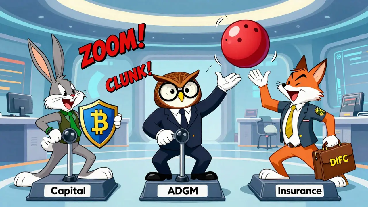 Three regulators pull levers while a startup owner is tossed between them in a chaotic free zone office scene.