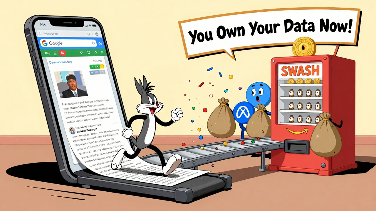 Tiny person running on web pages to earn tokens, while big tech mascots look surprised.