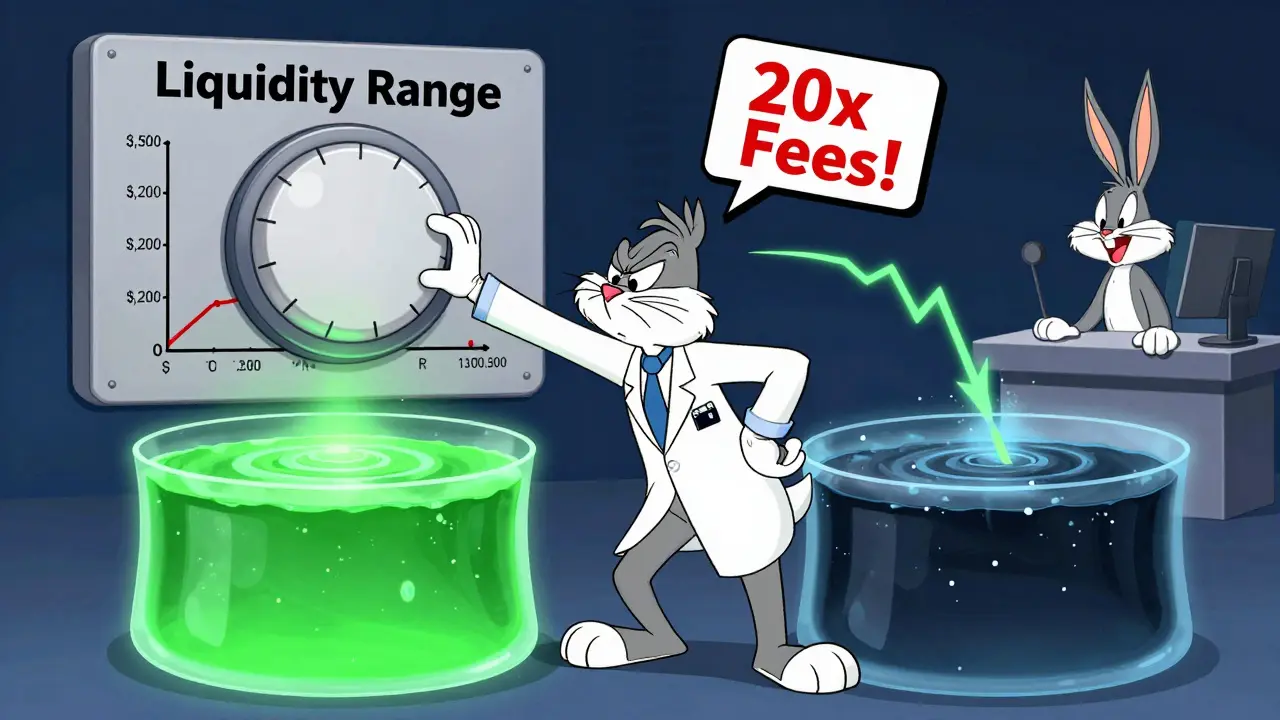 Trader adjusting liquidity range dial as price moves out of bounds, cartoon pools reacting dramatically.