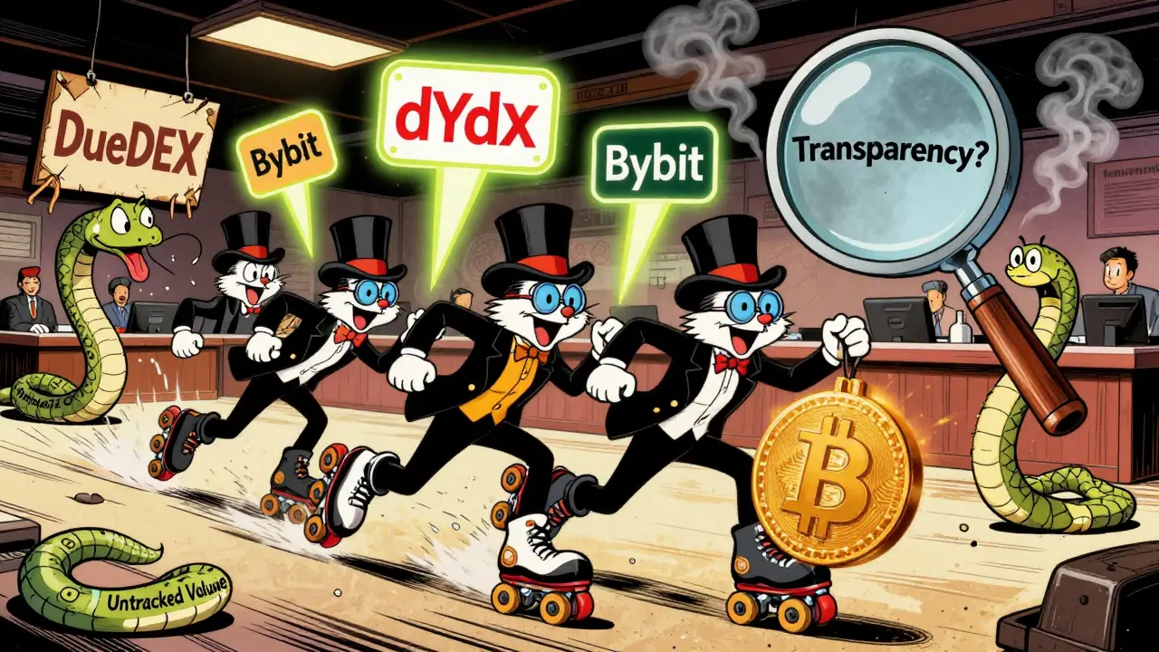 Traders chase dYdX and Bybit signs while DueDEX crumbles, Looney Tunes style